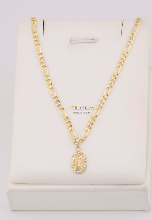 "CADENA DE 50CM PARA ADULTO ESTILO 3+1 CON DIJE DE DIJE DE LA VIRGEN CON ZIRCONIA TORNASOL. ORO 10K #775-3406"