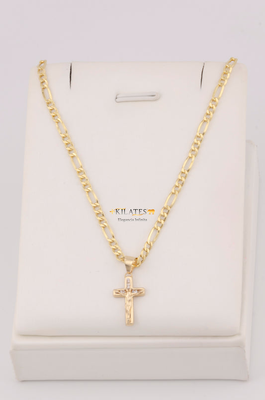 "CADENA DE 50CM PARA ADULTO ESTILO 3+1 CON DIJE DE CRUZ CON JESUCRISTO. ORO 10K #775-3417"