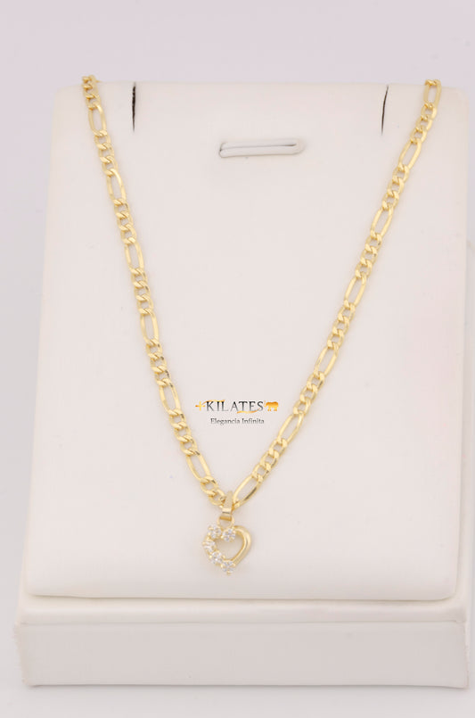 "CADENA DE 50CM PARA ADULTO ESTILO 3+1 CON DIJE DE CORAZON CON PIEDRAS DE ZIRCONIA BLANCA. ORO 10K #775-3433"