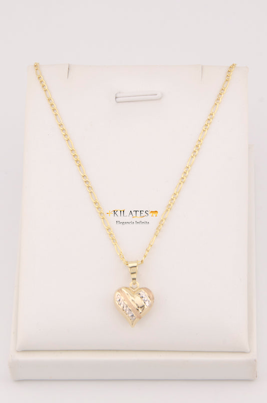 "CADENA DE 50CM PARA ADULTO ESTILO 3+1 CON DIJE DE CORAZON 3 TONOS GRANDE. ORO 10K #775-3487"