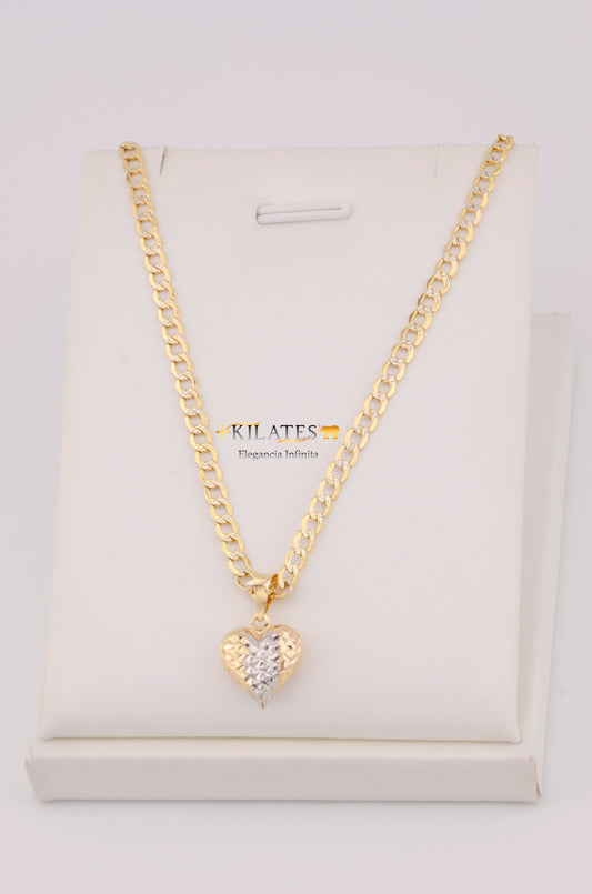 "CADENA  DE 50CM PARA DAMA ESTILO CUBANA DIAMANTADA  CON DIJE DE CORAZON 3 TONOS GRANDE. ORO 10K #775-3505"