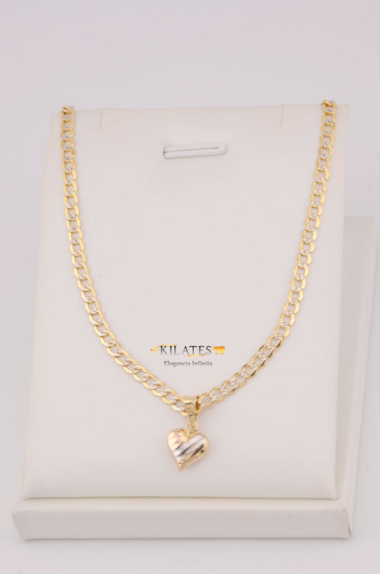 "CADENA  DE 50CM PARA DAMA ESTILO CUBANA DIAMANTADA  CON DIJE DE CORAZON DIJE 3 TONOS PEQUEÑO. ORO 10K #775-3508"