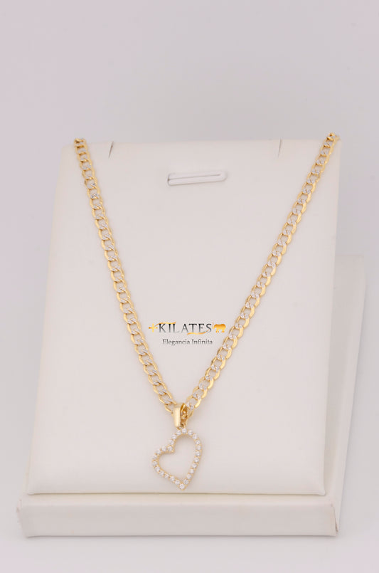 "CADENA  DE 50CM PARA DAMA ESTILO CUBANA DIAMANTADA  CON DIJE  DE CORAZON CON ZIRCONIA BLANCA. ORO 10K #775-3512"
