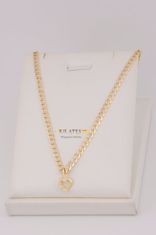 "CADENA  DE 50CM PARA DAMA ESTILO CUBANA DIAMANTADA  CON DIJE  DE CORAZON CON PIEDRAS DE  ZIRCONIA BLANCA. ORO 10K #775-3513"