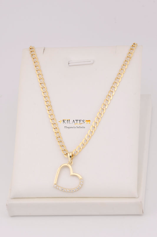 "CADENA  DE 50CM PARA DAMA ESTILO CUBANA DIAMANTADA  CON DIJE  DE CORAZON CON  ZIRCONIA BLANCA. ORO 10K #775-3514"