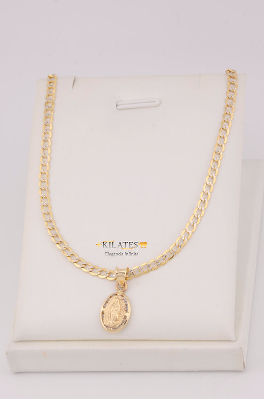 "CADENA  DE 50CM PARA DAMA ESTILO CUBANA DIAMANTADA  CON DIJE  OVALADO PEQUEÑO DE LA VIRGEN. ORO 10K #775-3516"
