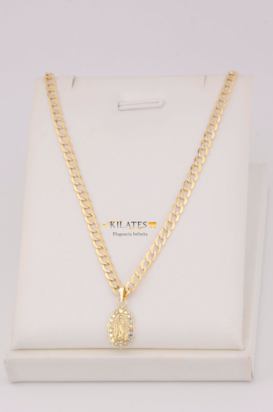 "CADENA  DE 50CM PARA DAMA ESTILO CUBANA DIAMANTADA  CON DIJE  DE LA VIRGEN CON ZIRCONIA TORNASOL. ORO 10K #775-3517"