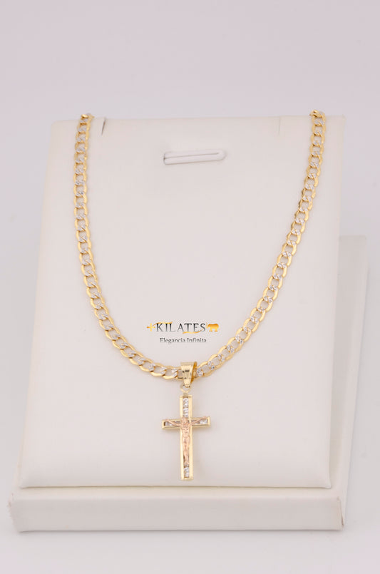 "CADENA  DE 50CM PARA DAMA ESTILO CUBANA DIAMANTADA CON DIJE DE CRUZ. ORO 10K #775-3520"