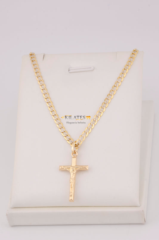 "CADENA  DE 50CM PARA DAMA ESTILO CUBANA DIAMANTADA  CON DIJE DE CRUZ DE TUBO. ORO 10K #775-3521"