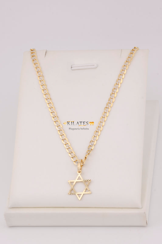 "CADENA DE 50CM PARA DAMA ESTILO CUBANA DIAMANTADA  CON DIJE DE ESTRELLA DE DAVID. ORO 10K #775-3522"