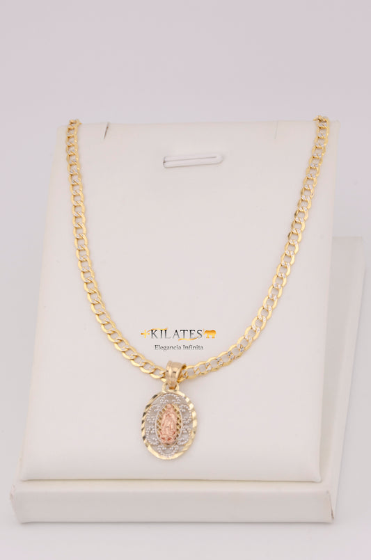 "CADENA  DE 50CM PARA DAMA ESTILO CUBANA DIAMANTADA  CON PLACA 3 TONOS DE LA VIRGEN. ORO 10K #775-3523"