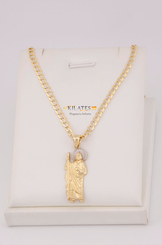 "CADENA  DE 50CM PARA DAMA ESTILO CUBANA DIAMANTADA  CON DIJE DE SAN JUDAS TADEO GRANDE. ORO 10K #775-3524"