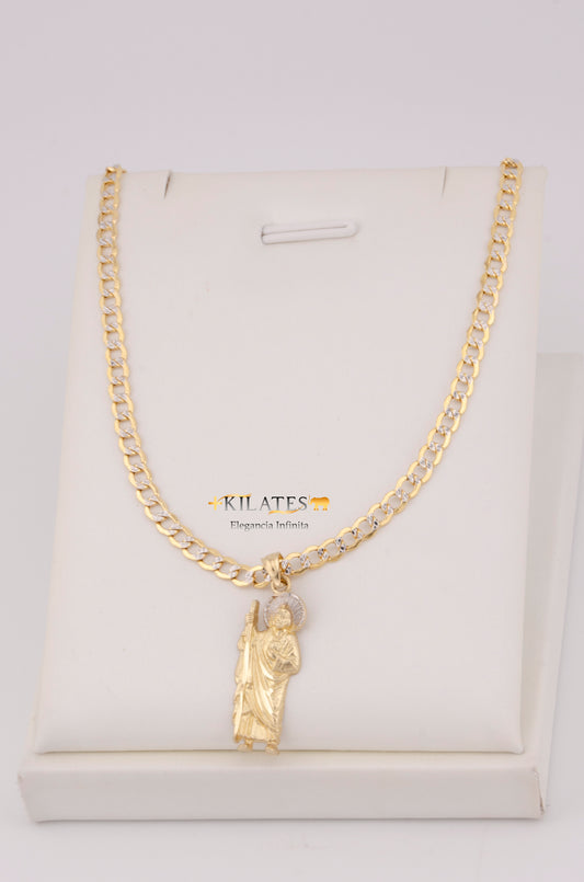 "CADENA  DE 50CM PARA DAMA ESTILO CUBANA DIAMANTADA  CON DIJE DE SAN JUDAS TADEO MEDIANO. ORO 10K #775-3525"