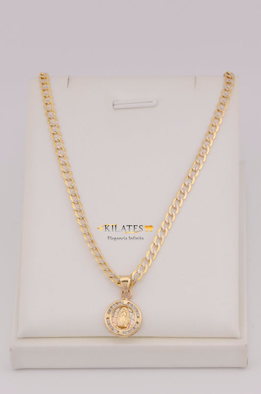 "CADENA  DE 50CM PARA DAMA ESTILO CUBANA DIAMANTADA CON DIJE REDONDO PEQUEÑO DE LA VIRGEN. ORO 10K #775-3515"