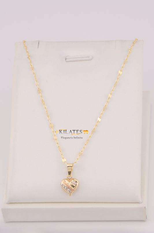 "CADENA  DE 50CM PARA DAMA ESTILO LLUVIA  CON DIJE DE CORAZON 3 TONOS PEQUEÑO. ORO 10K #775-3526"