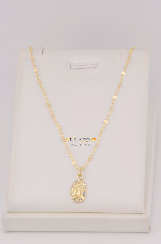 "CADENA DE 50CM PARA DAMA ESTILO LLUVIA CON DIJE DE LA VRGEN CON ZIRCONIA TORNASOL ORO 10K #775-3530"
