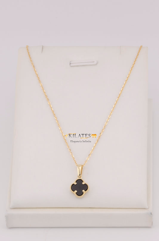 "CADENA  DE 50CM PARA DAMA ESTILO CUADRADA SOLIDA  CON DIJE DE TREBOL VAN CLEEF NEGRO.  ORO 10K #775-3533"