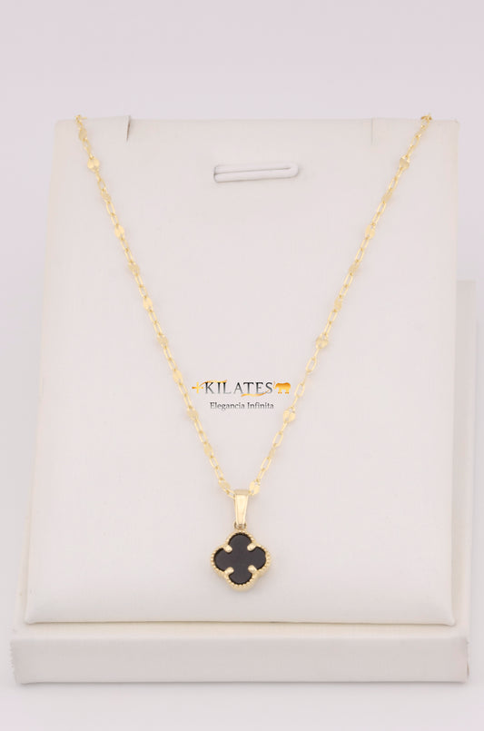 "CADENA  DE 50CM PARA DAMA ESTILO LLUVIA  CON DIJE DE TREBOL VAN CLEEF NEGRO.  ORO 10K #775-3534"