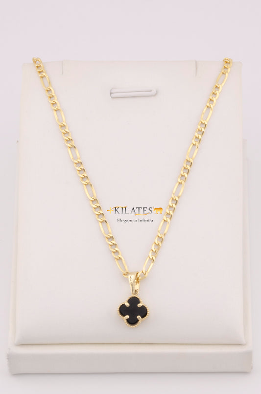 "CADENA  DE 50CM PARA DAMA ESTILO 3+1  CON DIJE DE TREBOL VAN CLEEF NEGRO NEGRO.  ORO 10K #775-3539"