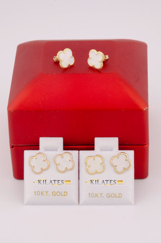 "ARETES PREMIUM DE TREBOL VAN CLEEF BLANCOS. ORO 10K #775-3545"