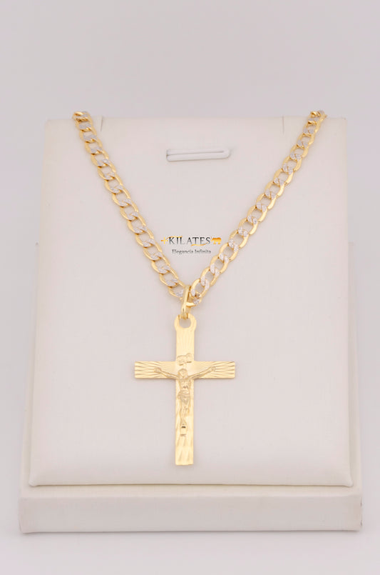 "CADENA PARA HOMBRE DE 60CM ESTILO CUBANA DIAMANTADA CON DIJE DE CRUZ  GRANDE. ORO 10K #775-3567"