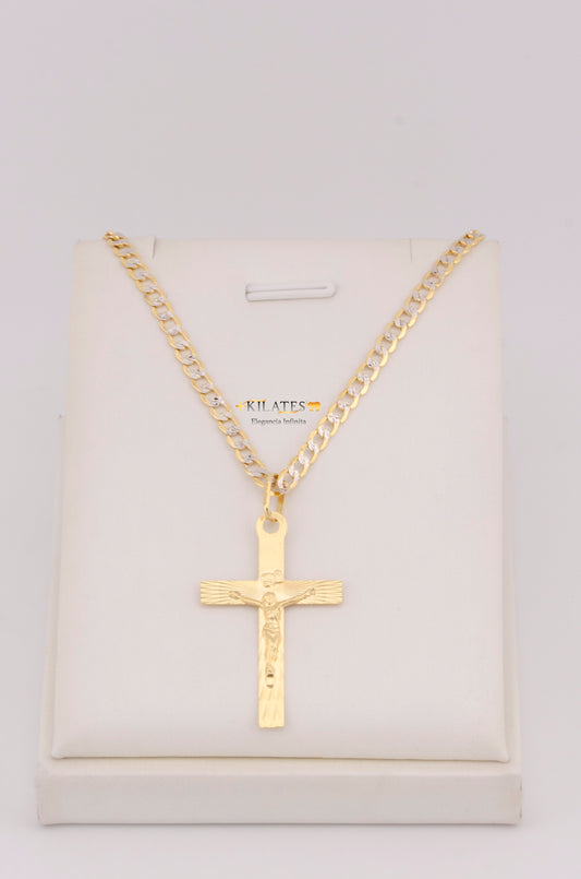 "CADENA PARA HOMBRE DE 60CM ESTILO CUBANA DIAMANTADA CON DIJE DE CRUZ  GRANDE. ORO 10K #775-3568"