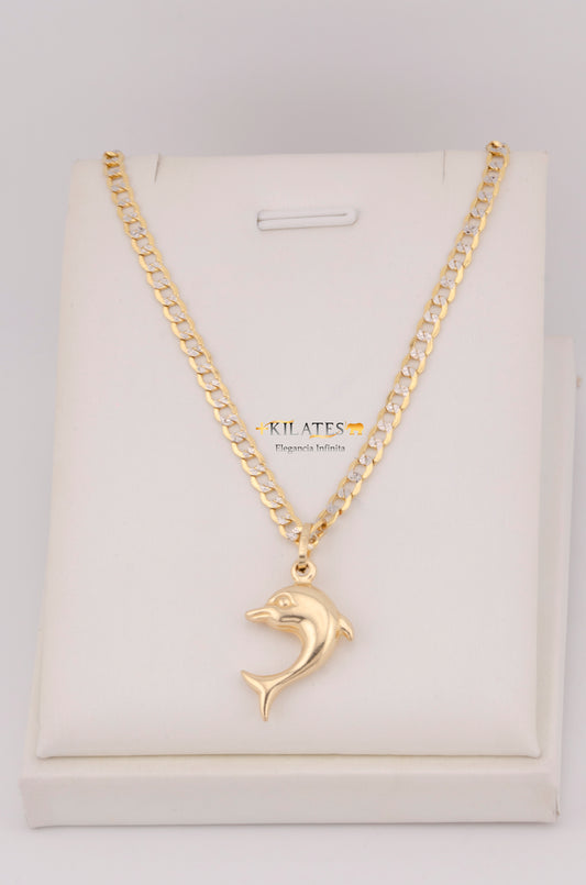 "CADENA PARA ADULTO DE 60CM ESTILO CUBANA DIAMANTADA CON DIJE DELFIN  GRANDE. ORO 10K #775-3577"