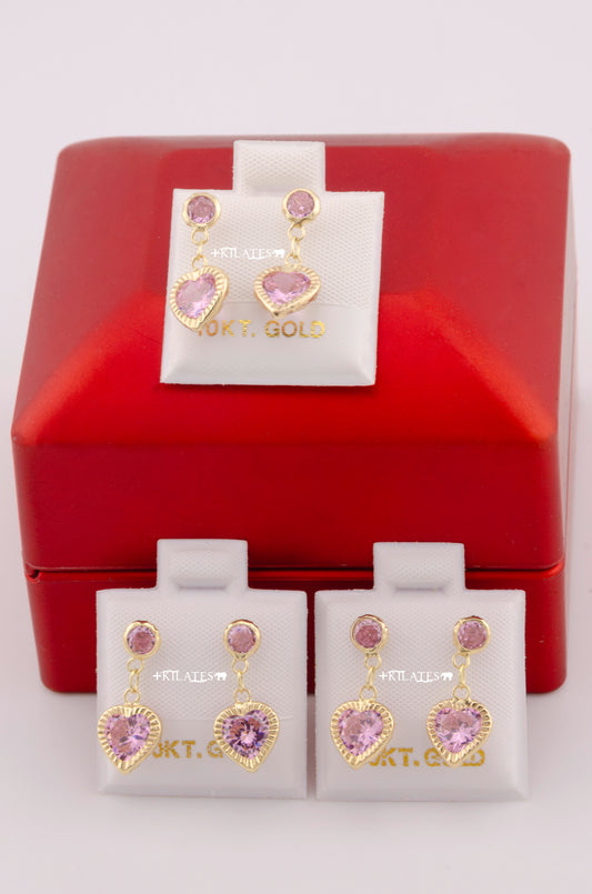 "ARETES PREMIUM COLGANTES DE CORAZON ROSADO. ORO 10K #775-3608"