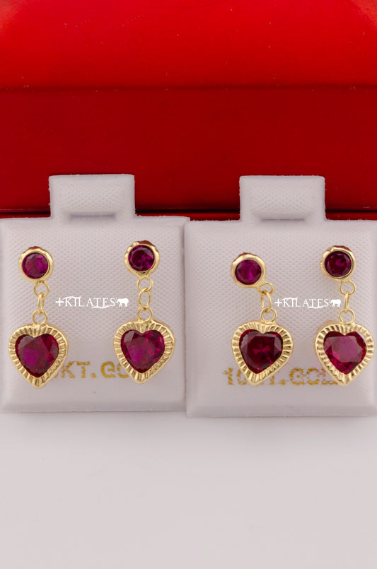 "ARETES PREMIUM COLGANTES DE CORAZON ROJO RUBI. ORO 10K #775-3610"