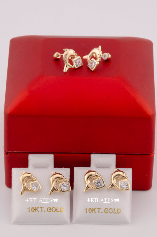 "ARETES PREMIUM DE DELFIN CON ZIRCONIA BLANCA . ORO 10K #775-3612"