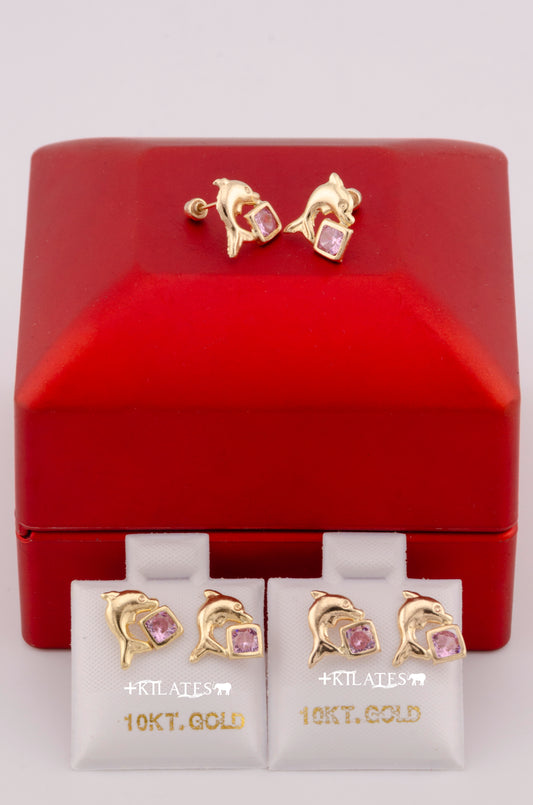 "ARETES PREMIUM DE DELFIN CON ZIRCONIA ROSADA. ORO 10K #775-3613"