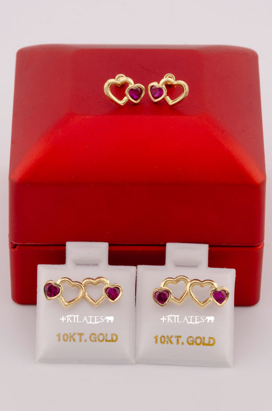"ARETES PREMIUM DE CORAZON CON ZIRCONIA ROJA RUBI. ORO 10K #775-3614"