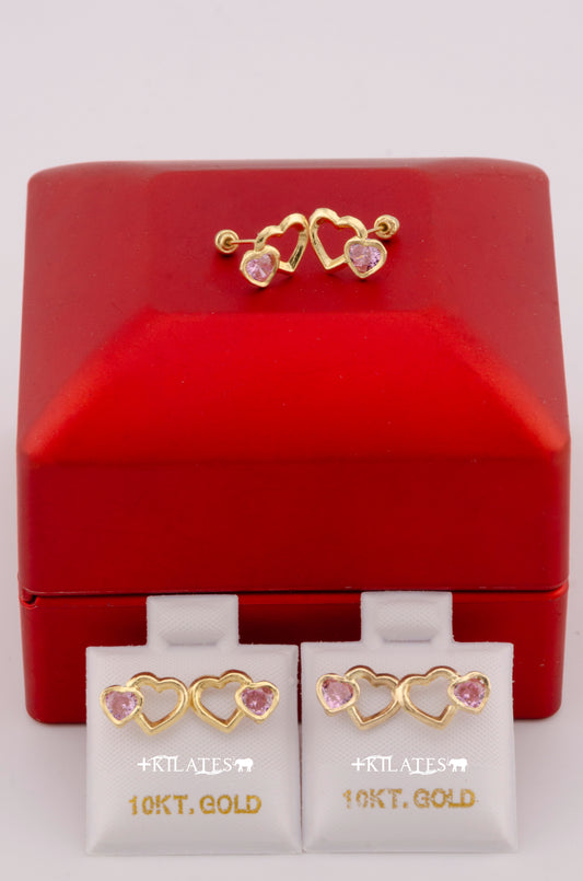 "ARETES PREMIUM DE CORAZON CON ZIRCONIA ROSADA. ORO 10K #775-3615"