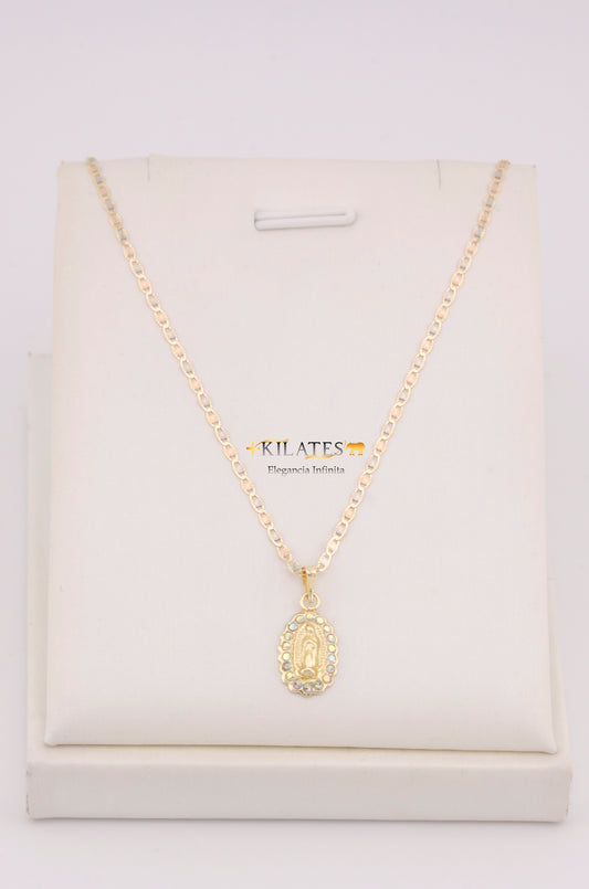 "CADENA PARA DAMA ESTILO 3 OROS CON DIJE DE LA VIRGEN CON ZIRCONIA TORNASOL. ORO 10K #775-3621"