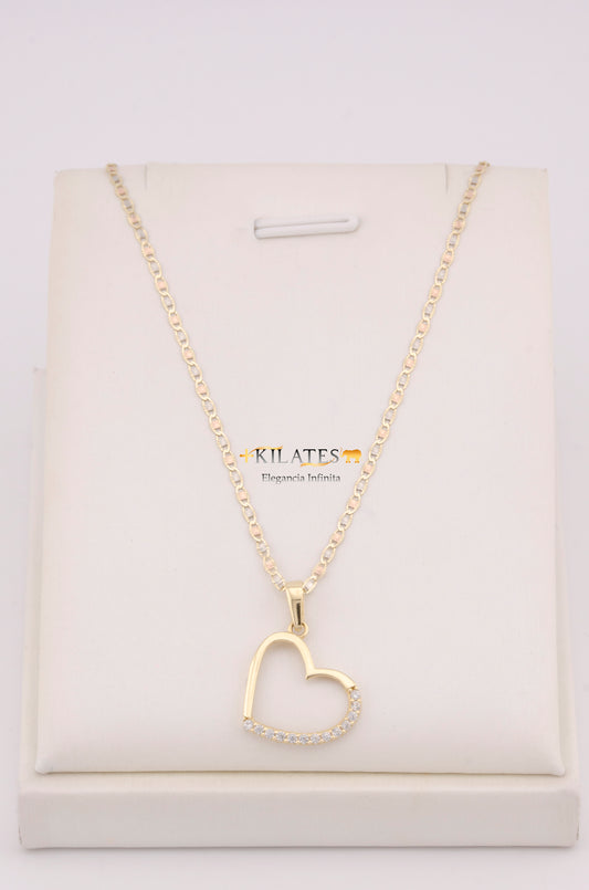 "CADENA PARA DAMA ESTILO 3 OROS CON DIJE DE CORAZON CON ZIRCONIA BLANCA. ORO 10K #775-3625"