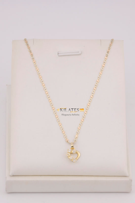"CADENA PARA DAMA ESTILO 3 OROS CON DIJE DE CORAZON CON ZIRCONIA BLANCA. ORO 10K #775-3628"