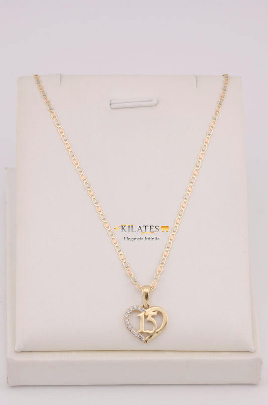 "CADENA PARA DAMA ESTILO 3 OROS CON DIJE DE 15 AÑOS. ORO 10K #775-3630"