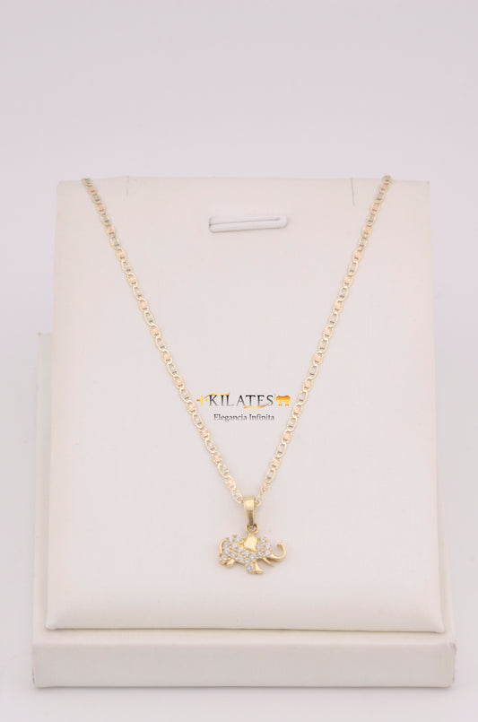 "CADENA PARA DAMA ESTILO 3 OROS CON DIJE DE ELEFANTE CON ZIRCONIA BLANCA . ORO 10K #775-3639"