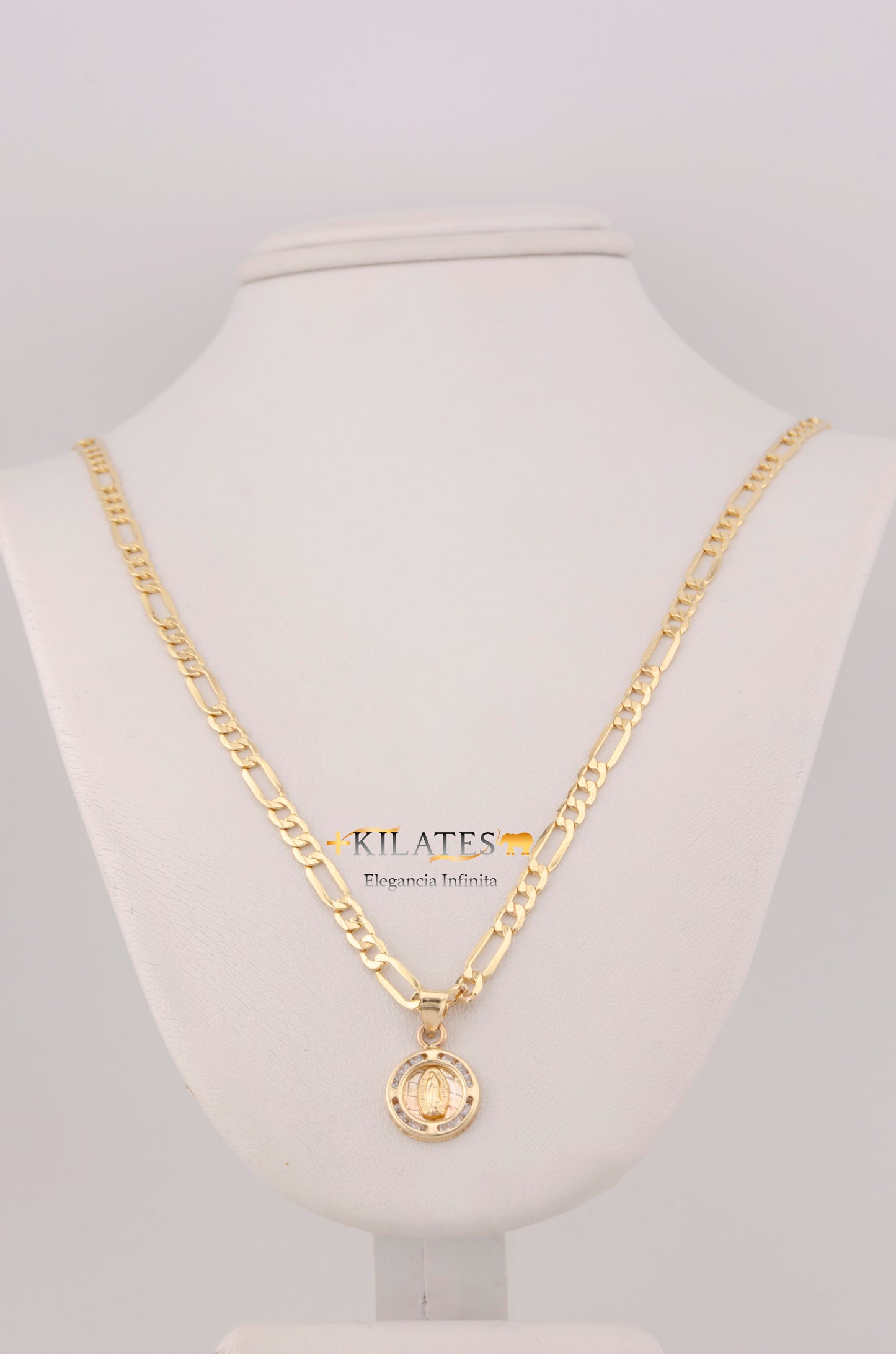 "CADENA PARA DAMA ESTILO 3+1  CON DIJE REDONDO PEQUEÑO DE LA VIRGEN CON ZIRCONIA BLANCA. ORO 10K #775-3648"