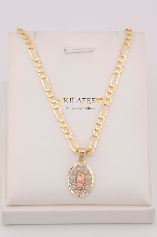 "CADENA PARA DAMA ESTILO 3+1  CON PLACA 3 TONOS DE LA VIRGEN. ORO 10K #775-3649"