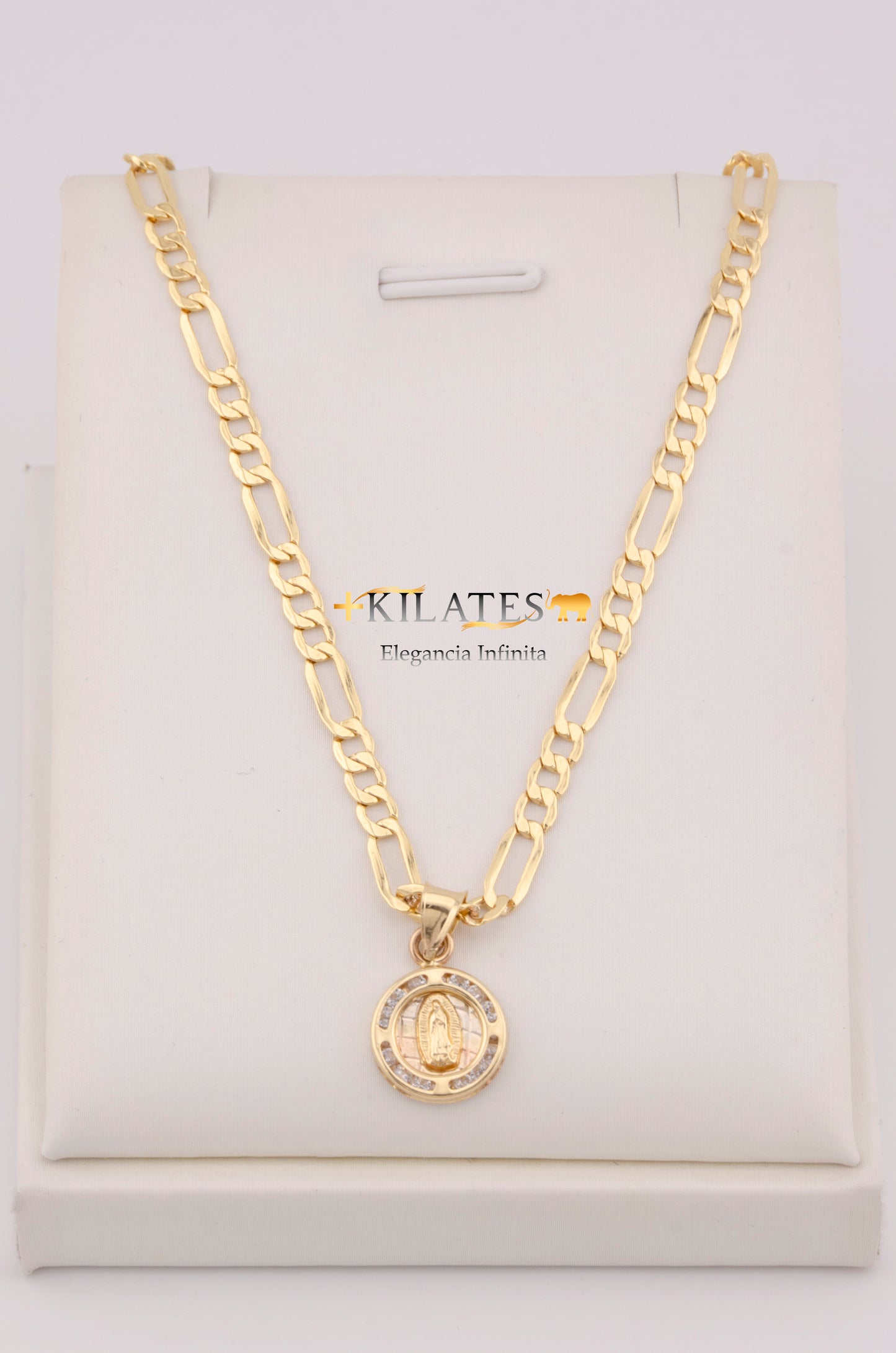 "CADENA PARA DAMA ESTILO 3+1  CON DIJE REDONDO PEQUEÑO DE LA VIRGEN CON ZIRCONIA BLANCA. ORO 10K #775-3648"