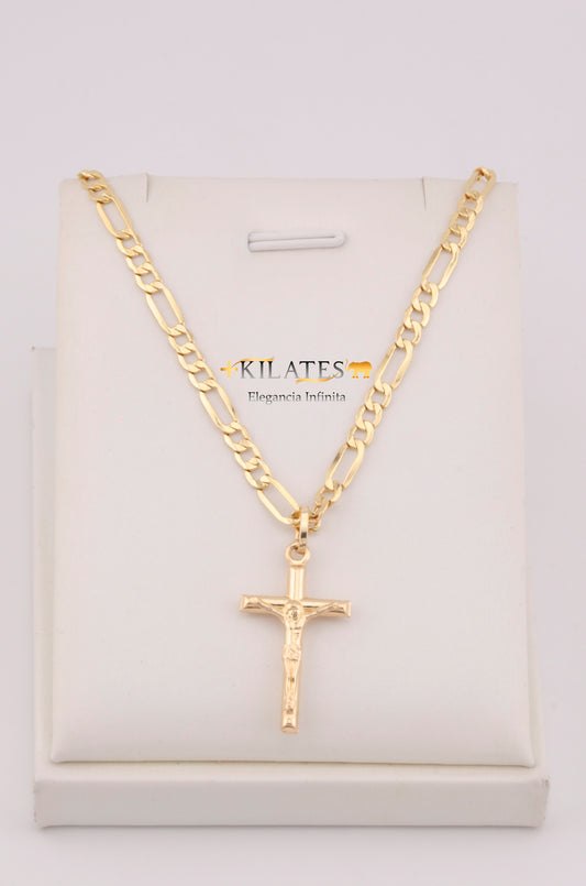 "CADENA PARA DAMA ESTILO 3+1  CON DIJE DE CRUZ DE TUBO MEDIANDA CON JESUCRISTO. ORO 10K #775-3651"