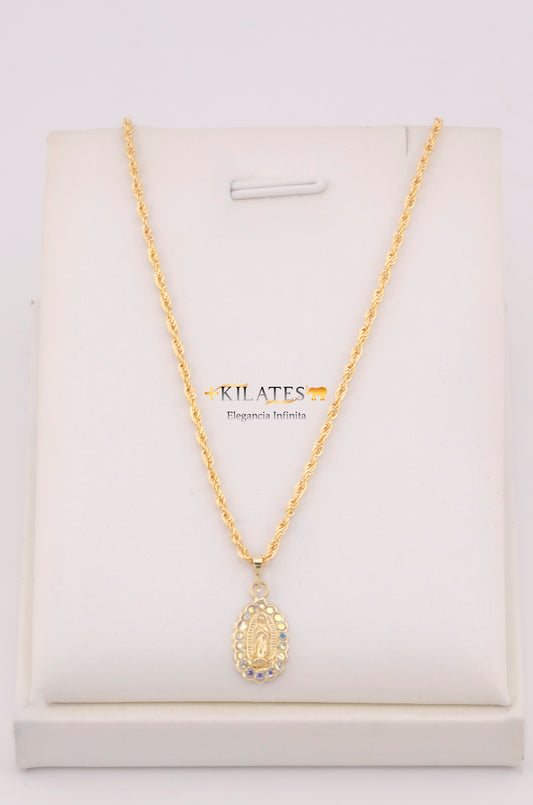 "CADENA PARA DAMA ESTILO LAZO CON DIJE DE LA VIRGEN CON ZIRCONIA TORNASOL. ORO 10K #775-3672"