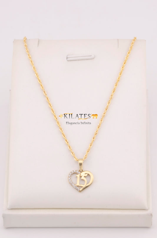 "CADENA PARA DAMA ESTILO LAZO CON DIJE DE 15 AÑOS. ORO 10K #775-3682"