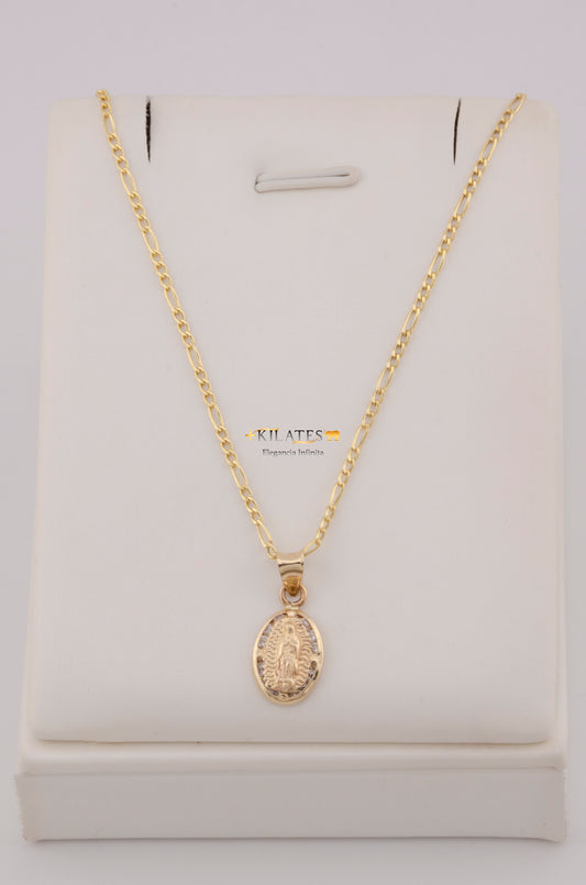" CADENA PARA DAMA DE 50CM ESTILO 3+1 CON DIJE OVALADO DE LA VIRGEN. ORO 10K #775-3751"