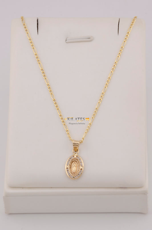" CADENA PARA DAMA DE 50CM ESTILO 3+1 CON DIJE OVALADO DE LA VIRGEN. ORO 10K #775-3752"