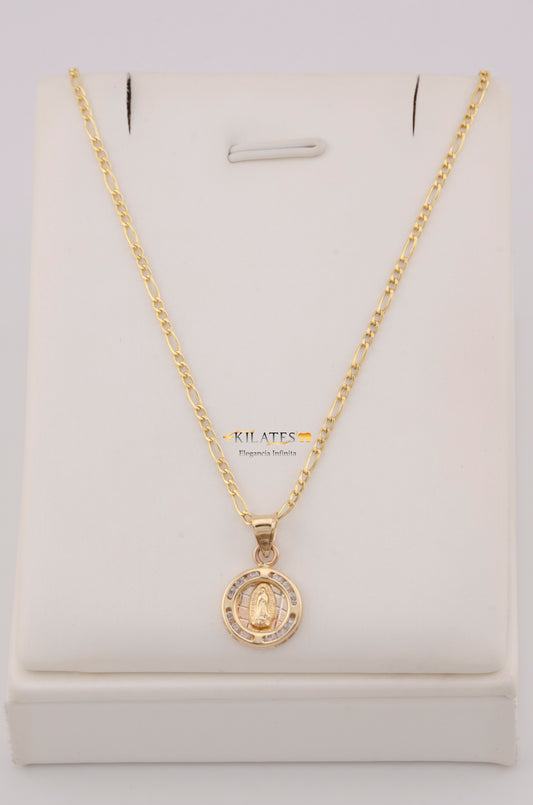" CADENA PARA DAMA  DE 50CM  ESTILO 3+1  CON DIJE REDONDO  DE LA VIRGEN. ORO 10K #775-3753"