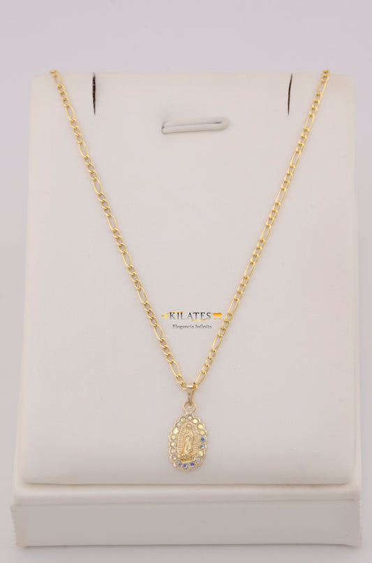 " CADENA PARA DAMA  DE 50CM ESTILO 3+1  CON DIJE DIJE DE DE LA VIRGEN CON ZIRCONIA TORNASOL. ORO 10K #775-3754"