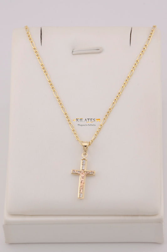 " CADENA PARA DAMA  DE 50CM ESTILO 3+1  CON DIJE DIJE DE CRUZ CON JESUCRISTO. ORO 10K #775-3755"
