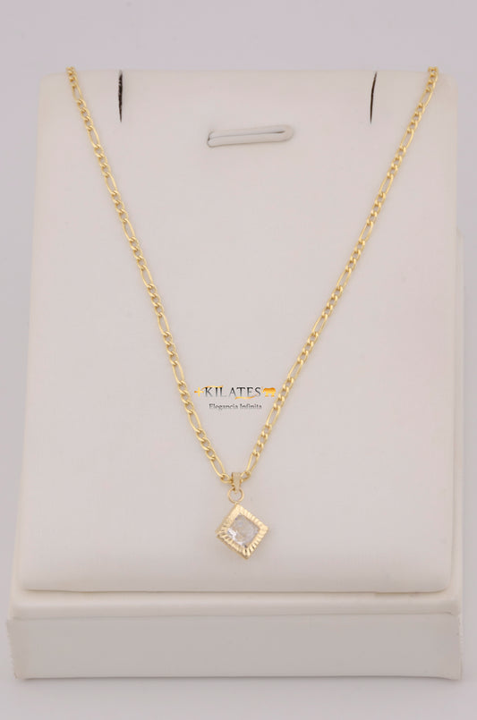 " CADENA PARA DAMA  DE 50CM ESTILO 3+1  CON DIJE DIJE CUADRADO CON ZIRCONIA BLANCA. ORO 10K #775-3764"
